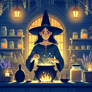 A witch stirring a bubbling cauldron in a cozy, dimly lit cottage, with shelves of herbs and glowing jars in the background.