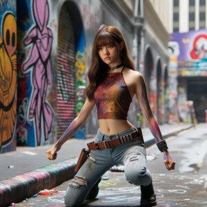 teenage girl, long brown hair and bangs, wearing tight skinny jeans and a halter top paint marks on her clothing, heroic pose Asian graffiti background, nearing on one knee