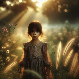 A little girl in a floral dress stands in a meadow, her face sof...