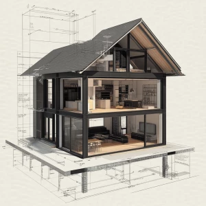 A detailed specification sheet for a 3D house with callouts and dimensions, highly technical