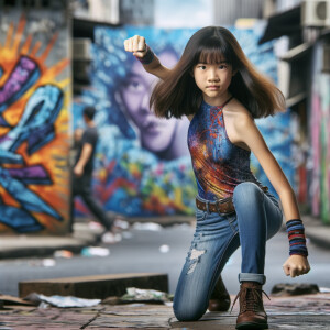 teenage girl, long brown hair and bangs, wearing tight skinny jeans and a halter top paint marks on her clothing, heroic pose Asian graffiti background, nearing on one knee