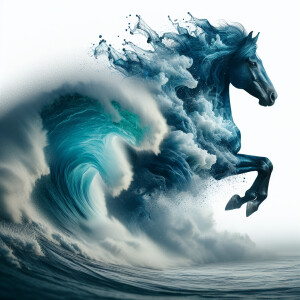 Double exposure, Blue stallion, Large wave, Stallion within wave...