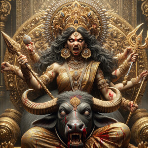 portrait of angry looking goddess durga sitting on a gold crown and carrying a weak mahishasur on her lap and stabbing him with her amazingly designed trident. She is wearing a huge diamond crown, black saree, abundant diamond jewelry, covered in blood. The scene is set in ancient India. The image is 8K resolution, photograph, cinematic, ultra detailed face and epic.