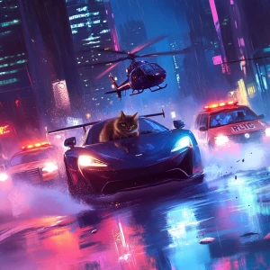 A slick gangster cat drifting a stolen sports car through city s...
