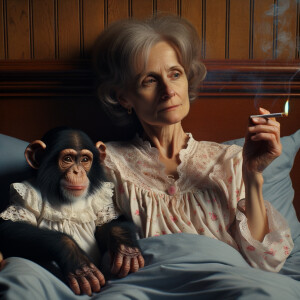 Woman in her nightgown smoking a cigarette in bed with a chimp.