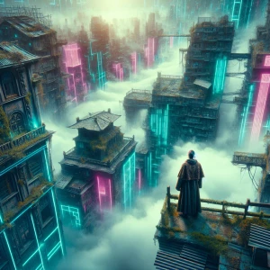 In the ethereal grungy cloud city, dilapidated  buildings float...