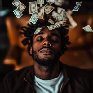 A man with dollar bills floating around his head