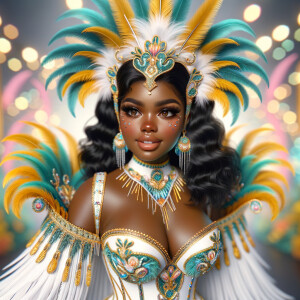 Create a 3-D  vivid full-body view of a colorful glossy hyper-realistic oil painting of a detailed illustration full length photo single image of a beautiful African-American caramel skinned woman plus sized, with long, black, wavy hair, her make up is airbrushed and flawless, she is dressed in a white, teal and yellow large, elaborate, elegant, very detailed carnival costume with colorful African-American pink, blue, gold yellow green feathers, flawless makeup, prominent lashes, black peep toe heels, white pixie hair, background bokeh, she is stunning and smiling, digital art.