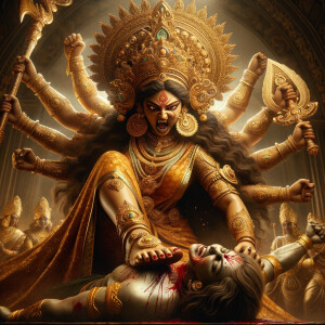 portrait of angry looking goddess durga pinning a weak mahishasur to the ground with her foot. She is wearing gold armor, a huge gold crown, gold saree, abundant  gold jewelry, covered in blood. The scene is set in ancient India. The image is 8K resolution, photography, cinematic, ultra detailed face and epic