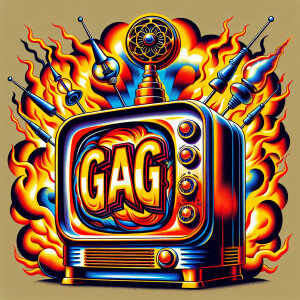Tube TV with the word “GAG” on the screen on fire cartoon logo