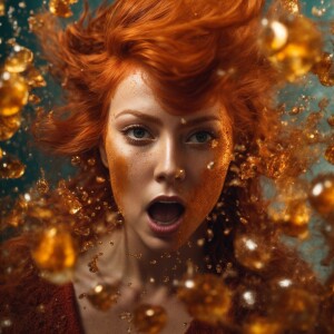 Photorealistic image. Gingerhaired woman shakes up soda and it e...