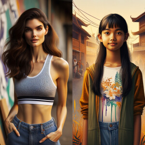 Athletic Thin skinny Attractive, Asian teenage girl, long brown hair and bangs, wearing tight skinny jeans and a halter top paint marks on her clothing, heroic pose Asian graffiti background, side view