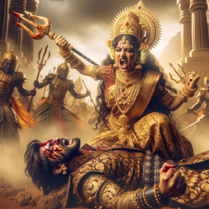 portrait of angry looking, indian goddess cosplayer straddling a defeated mahishasur, while he is lying on the ground and she stabs him with her trident. She is wearing a huge gold crown, gold saree, abundant  gold jewelry, covered in blood. The scene is set in ancient India. The image is 8K resolution, cinematic, photography, ultra detailed face and epic.