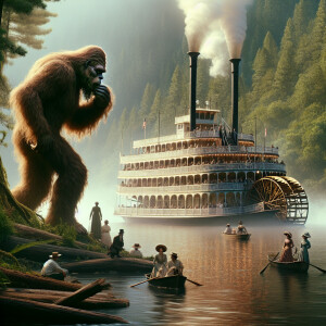 Create an image of a tall, furry Sasquatch with an expression bl...