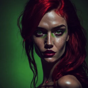 Create an image of a beautiful woman who has vibrant red hair, l...
