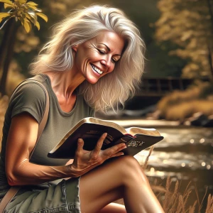 A digital airbrushed illustration of a beautiful 43-year-old hap...