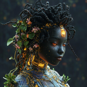 Afro-Solarpunk vampire empress, dark skin, braids with biolumine...