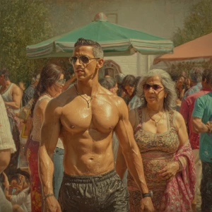 Photo Hyperrealism, painting,a muscular beefy kashmiri son in la...