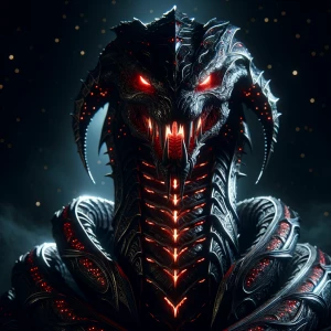 Generate an image of a menacing, demonic snake with glowing red...