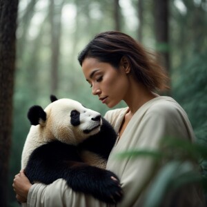 A serene woman with a calm expression embracing a Panda bear gen...