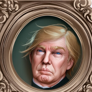 Pottait of Donal Trump facing the camera, in a round border with...