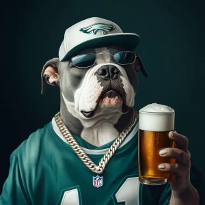 Create an image of a pit bull wearing a white gold chain and a Philadelphia Eagles  cap and football jersey. He is also holding a beer