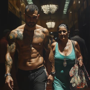 Photorealism,A sweaty tattoed muscular  man walking with his 50...
