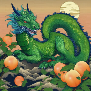 Green dragon with blue eyes and peaches around it