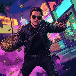Elon Musk in GTA art style - wearing a torn tactical suit, holdi...
