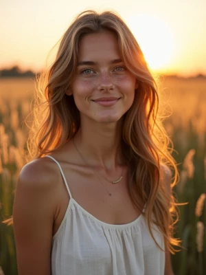 A young woman with soft, wavy brown hair and light freckles, sta...
