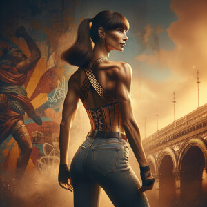 Athletic Thin skinny Attractive, Asian teenage girl, long brown hair and bangs, wearing tight skinny jeans and a halter top paint marks on her clothing, heroic pose Asian graffiti background, backside view