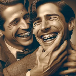 Men who have locked braces while kissing and are trying to get s...