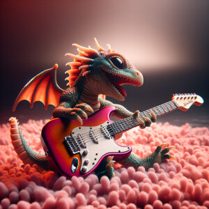 A baby dragon playing the electric guitar on a pink shag carpet.