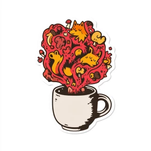 die-cut sticker design of a coffee cup, overflowing with a chaot...