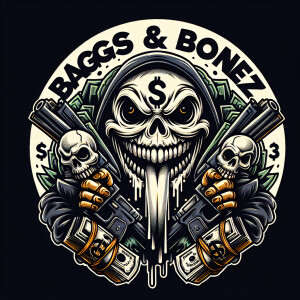 Create a circular, comic-style logo portraying an evil round smi...