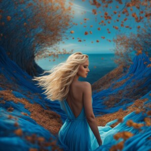 Create a full-length portrait of a woman with flowing blonde hai...