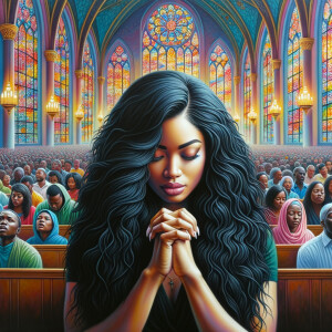 An oil painting depicting an African-American woman with long, wavy black hair, deeply immersed in prayer within a vibrant church setting. She is surrounded by a congregation of African-American individuals, all collectively engaged in worship and praise. The church is adorned with vividly colored stained glass windows, casting a mosaic of light that adds to the spiritual ambiance of the scene.