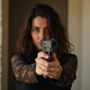 A Latina drug lord in southern Spain, she is holding a pistol