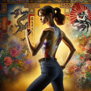 Athletic Thin skinny Attractive, Asian teenage girl, long brown hair and bangs, wearing tight skinny jeans and a halter top paint marks on her clothing, heroic pose Asian graffiti background,  backside view