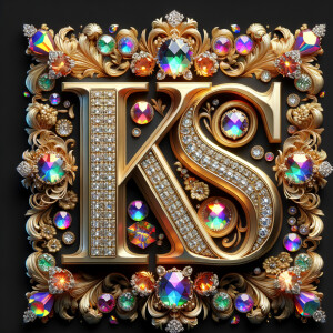 Create a 3-D realistic image with the letters  K.S. in gold raised letters , Add diamonds and colorful jewels