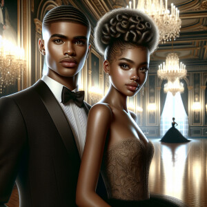 A light skin African American couple at a fancy ballroom event....