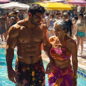 Digital art ,a pool party new york summer resort,a muscular big...