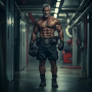 A muscular, gray-haired Caucasian firefighter with a serious, de...