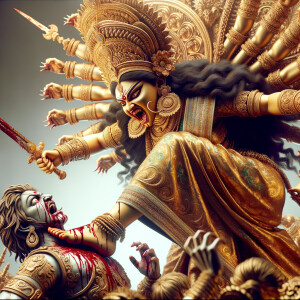 portrait of angry looking goddess durga pinning a weak mahishasur to the ground with her foot and stabbing him with her amazingly long fingernails. She is wearing gold armor, a huge gold crown, gold saree, abundant  gold jewelry, covered in blood. The scene is set in ancient India. The image is 8K resolution, photography, cinematic, ultra detailed face and epic