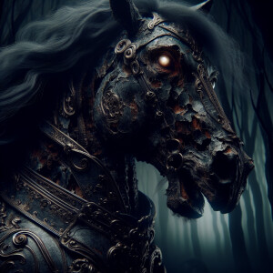 Create an image of a threatening centaur wearing a decrepit, dar...