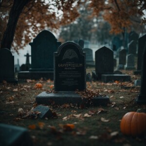 Graveyard with a monoselum grim reapear standing behind a graves...