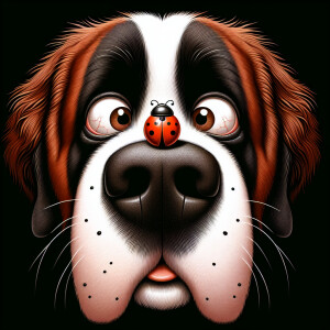 A whimsical goofy looking brown and white st bernard dog with bi...