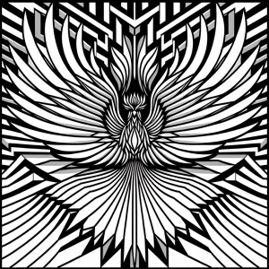 Create a minimalistic, black and white line art of a Phoenix wit...