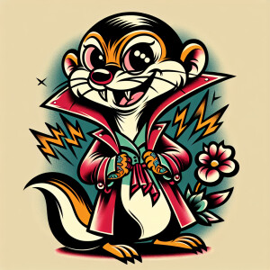 Cartoonish weasel in a rat fink style in an old school tattoo st...