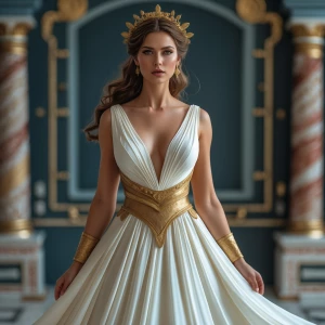 hyper realistic photography, look to the front, a Greek bride in...